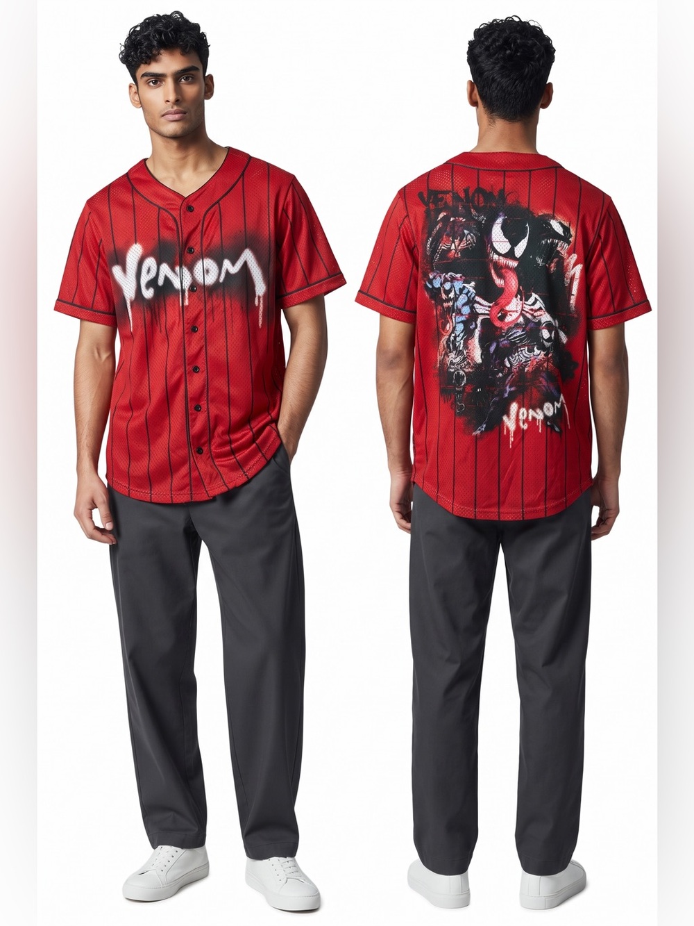 Marvel Spider-Man Venom Baseball Jersey Red Pinstripe Graphic Mesh Button Front
